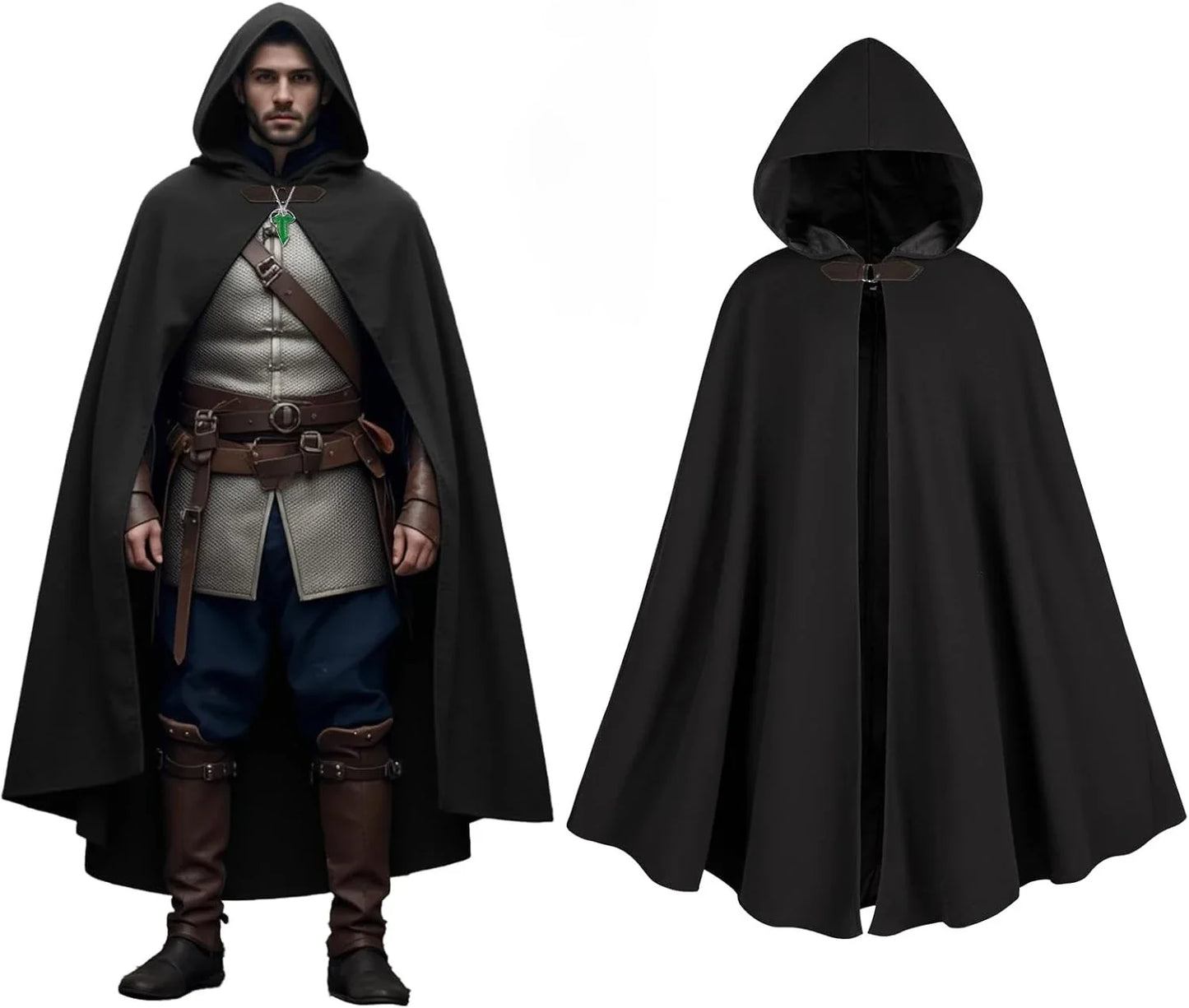 Men’s Medieval Hooded Cloak – Round Metal Buckle with Green Leaf Brooch Necklace for Halloween Costume
