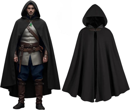 Men’s Medieval Hooded Cloak – Round Metal Buckle with Green Leaf Brooch Necklace for Halloween Costume