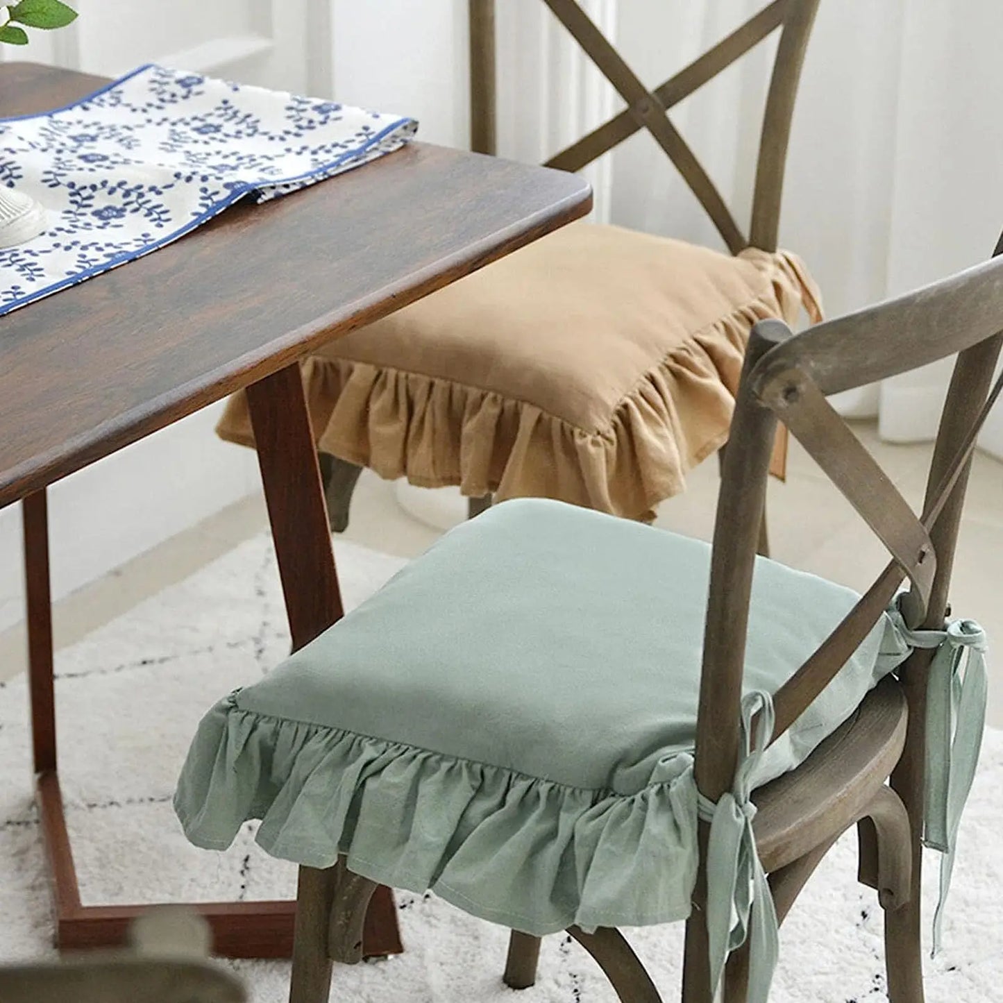 Ruffled Dining Chair Pads - Vintage Seat Cushion Covers with Ties Non-Slip Kitchen Farmhouse Decor