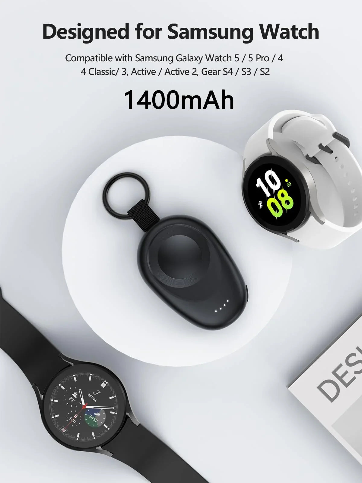 1400mAh Magnetic Keychain Power Bank — Portable Wireless Charger for Galaxy Watch 7/Ultra/6/6 Classic/5 Pro/4/3 & Active 2