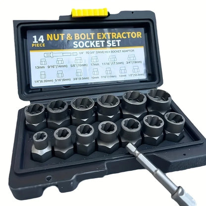 14-Piece Damaged Nut & Bolt Extractor Socket Set - Chrome Molybdenum Steel Impact Sockets with Storage Case