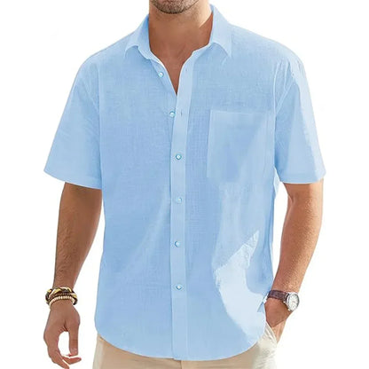 Men’s Cotton Linen Short Sleeve Shirt - Lightweight Casual Beach Vacation Button Top with Pocket