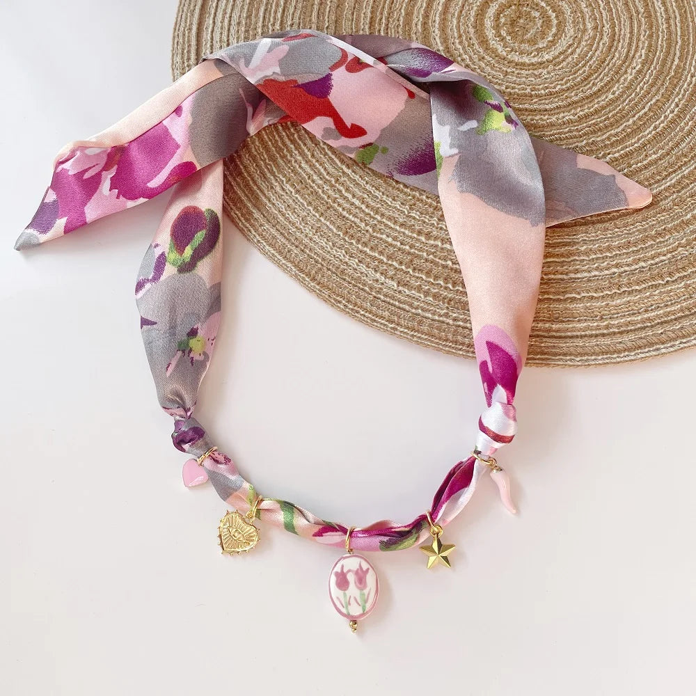 Bohemian Fabric Scarf Necklace - Sea Life, Heart & Floral Charm Pendant Vacation Jewelry Gift for Women