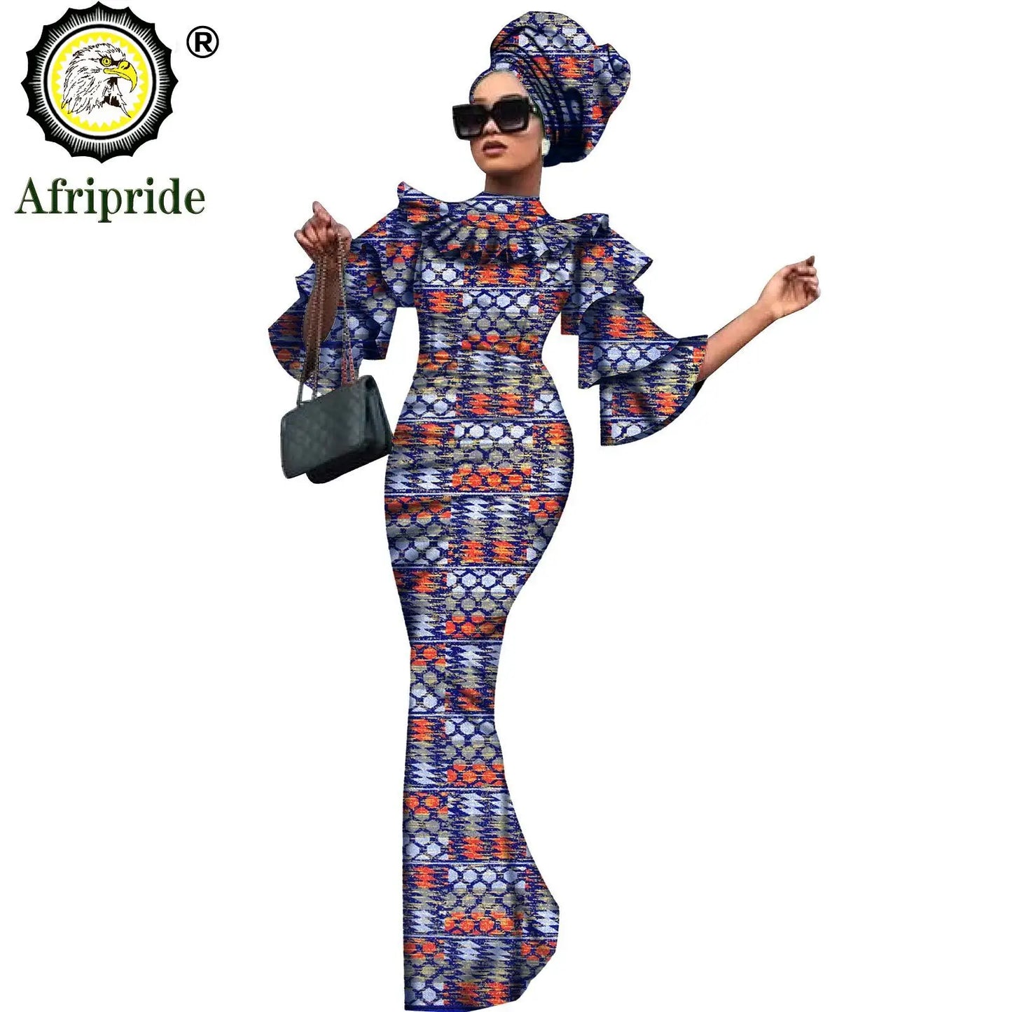 African Bazin Riche 2-Piece Dress Set - Plus Size Bodycon Dress with Headwrap for Women