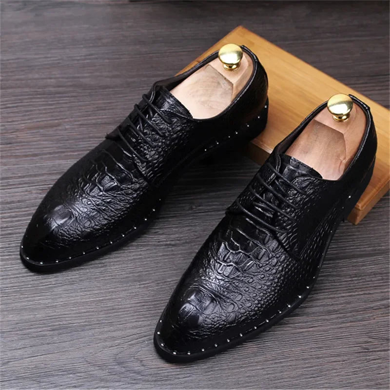 Men’s Alligator Grain Leather Oxford Shoes - Pointed Toe Lace-Up Business & Casual Dress Shoes for Office and Formal Wear