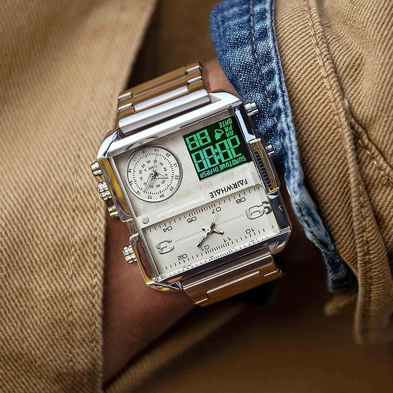 Mark Fairwhale Men’s Luxury Square Quartz Watch — Fashion Waterproof Military Leather Strap Wristwatch