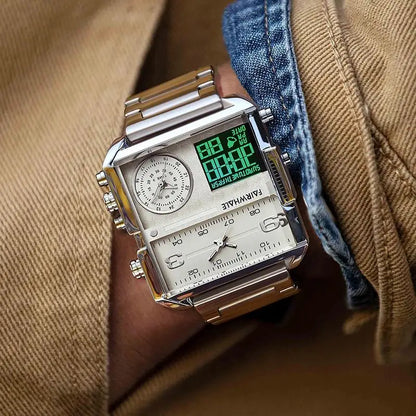 Mark Fairwhale Men’s Luxury Square Quartz Watch — Fashion Waterproof Military Leather Strap Wristwatch