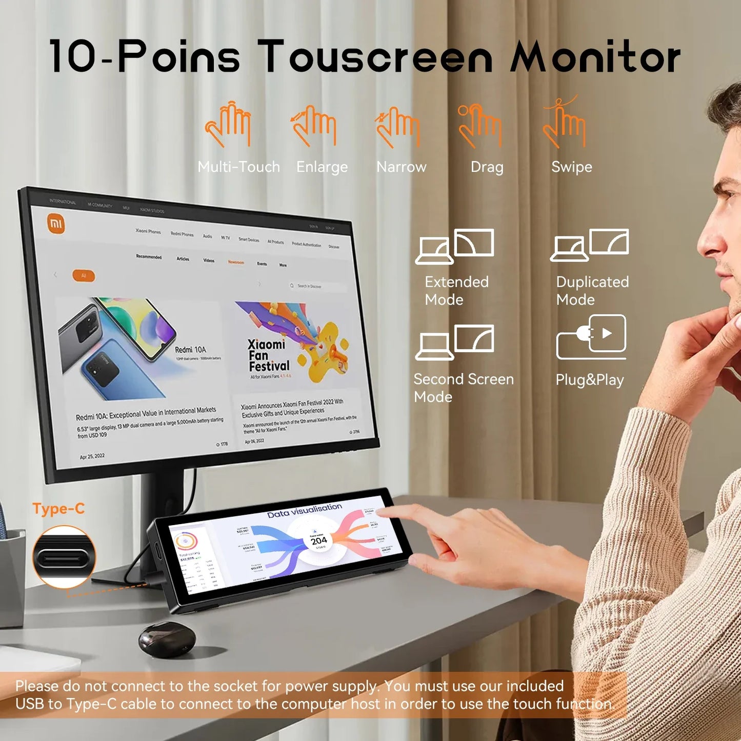 8.8 Inch HDMI Touch Screen Monitor – Long Wide Display with Case, PC Temperature Sensor Panel & Small Extender Monitor
