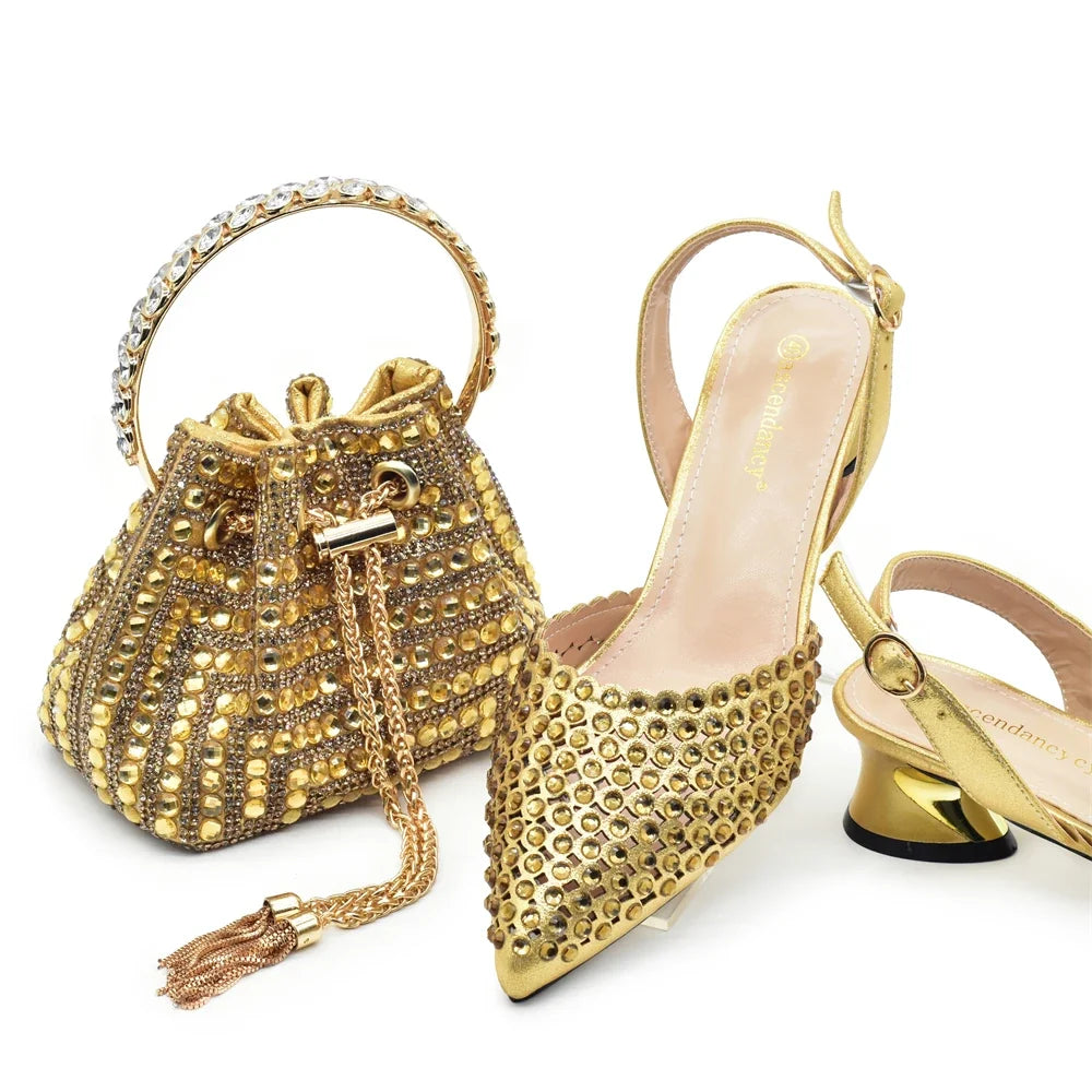 Women’s Gold Rhinestone Shoe & Bag Set - Elegant Wedding & Party Fashion Accessories