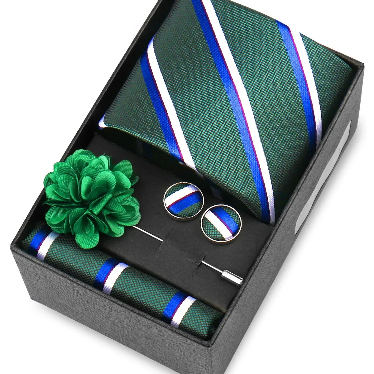 Elegant Men’s Necktie Gift Set - Fashion Tie with Handkerchief, Cufflinks & Brooch Pin Accessories for Business & Wedding