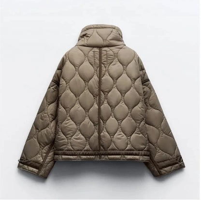2024 ETJ Quilted Women's Coat – Beige Drawstring High Neck Jacket with Ties & Pockets