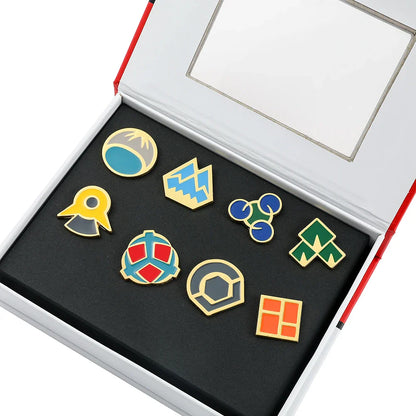 Pokemon Gym Badges Pin Set — Kanto, Johto, Hoenn, Sinnoh, Unova, Kalos & Orange Islands League Brooches with Box, Pocket Monster Collection