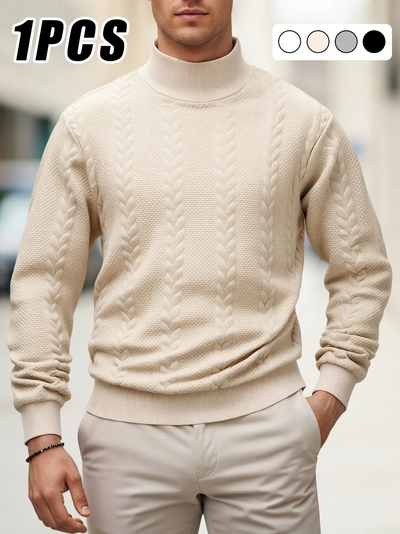 Men's Autumn Winter Thick Knit Sweater - Solid Color Mock Neck Slim Fit Warm Casual Pullover Top