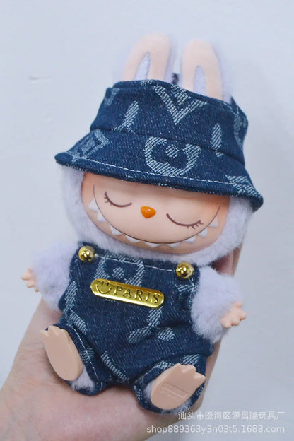 17cm Labubu Doll Clothes – Cowboy Party Outfit with Strap Pants & Fisherman Hat – Only Clothes, Hot Sale