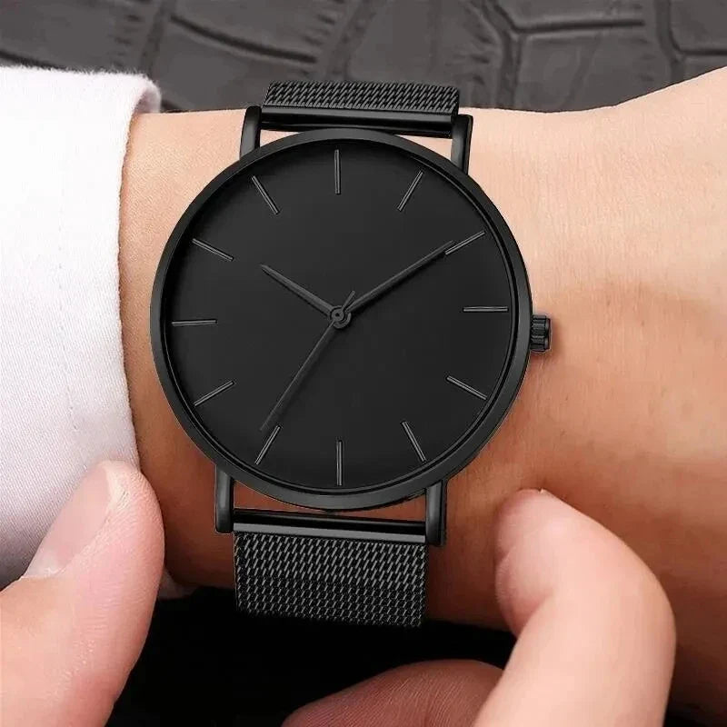 Men’s Ultra-Thin Black Stainless Steel Quartz Watch – Minimalist Business Fashion Wristwatch