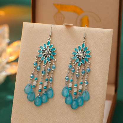Bohemian Water Drop Tassel Earrings - Vintage Crystal Bead Long Dangle Jewelry for Women
