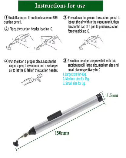 Vacuum Suction Pen Kit - IC SMD Pickup Tool with 3 Suction Cups for Electronics Repair and Desoldering