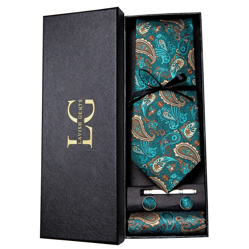 Hi-Tie Luxury Paisley Teal Green Tie Set - Men’s Classic Necktie with Handkerchief & Cufflinks Gift Box for Wedding & Formal Wear