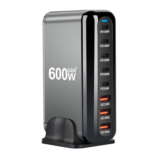 New 600W GaN USB-C Fast Charger - 8 Port with Fast Charge 3.0, 5C3A PD for Phones and Tablets, Portable Design