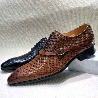 Men’s Handmade Italian-Style Leather Dress Shoes - Pointed Toe Python Pattern Wedding & Business Oxford Shoes