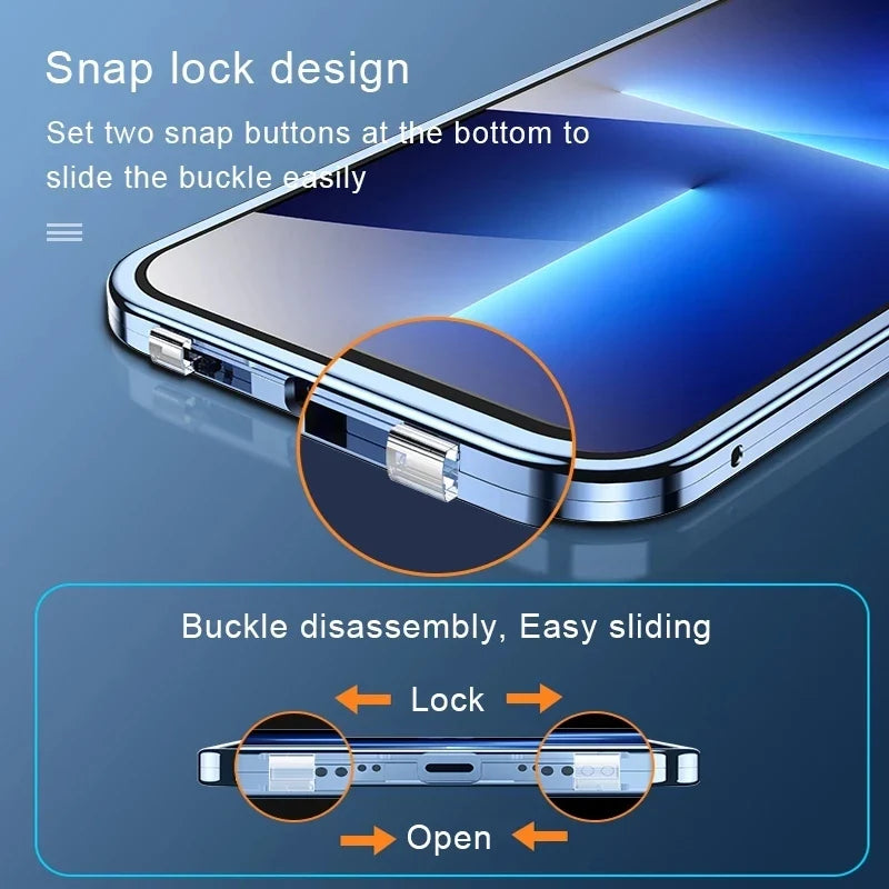 360° Full Protection Magnetic Metal Phone Case - Double Sided Glass Snap Lock Bumper Cover for iPhone 16 Pro Max 15 14 13 12 11 Pro Max
