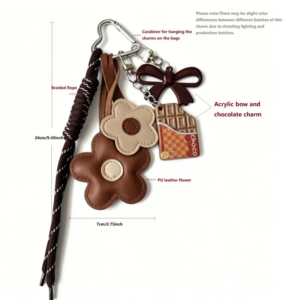 Flower Leather Bag Charm Keychain - Braided Cord & Acrylic Bow Floral Accessory for Women and Girls