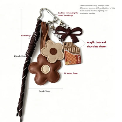 Flower Leather Bag Charm Keychain - Braided Cord & Acrylic Bow Floral Accessory for Women and Girls