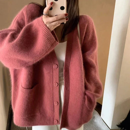Korean Black V-Neck Knitted Cardigan – Single-Breasted Long Sleeve Loose Casual Women’s Sweater