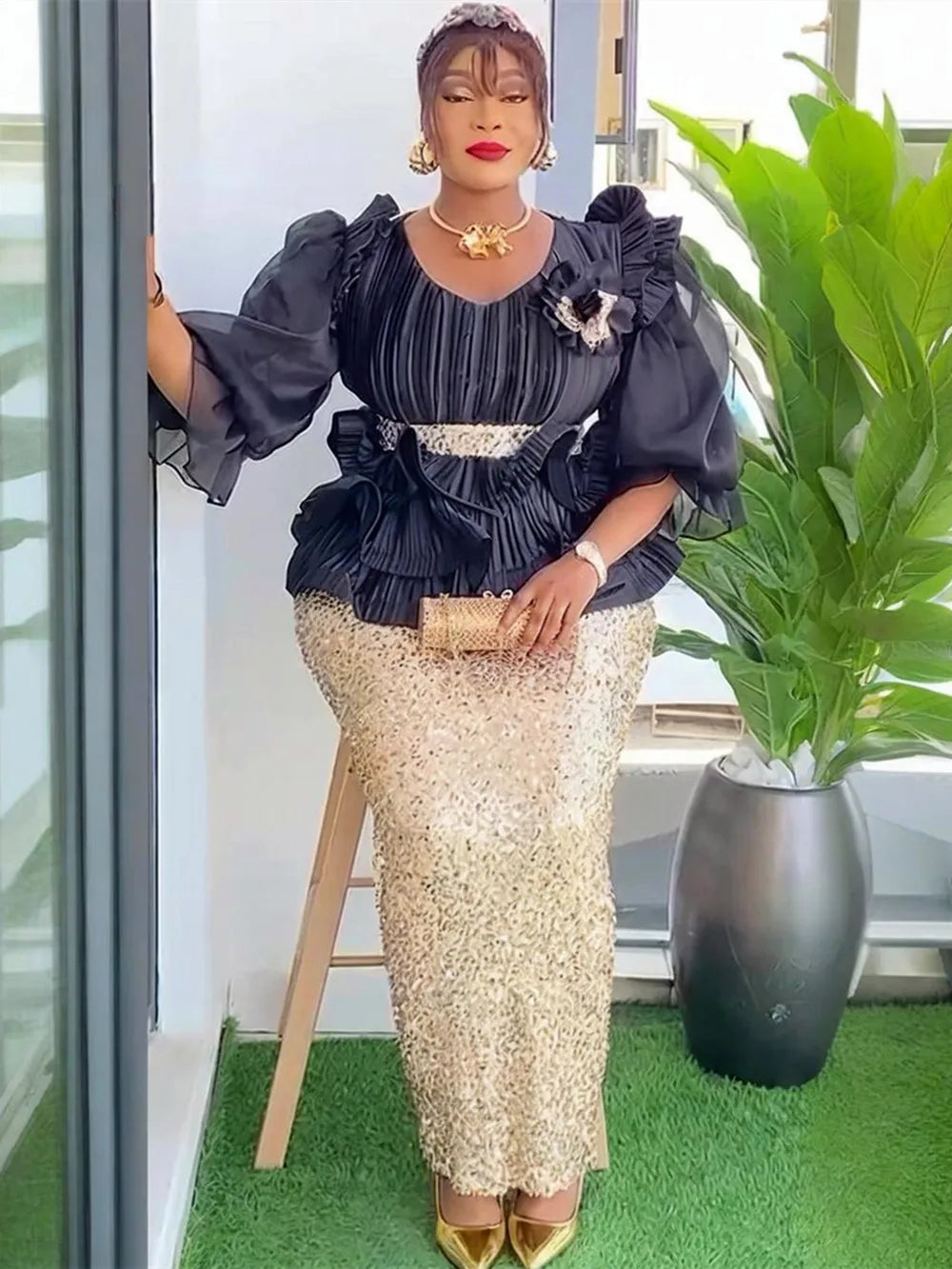 Plus Size African Sequin Evening Dress - Elegant Luxury Ankara Gown for Wedding, Party & Formal Events