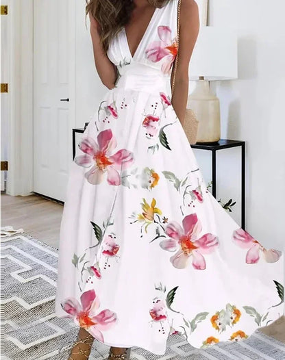 Women's Summer V Neck Maxi Dress - Sleeveless High Waist Elegant Print Dress for Office & Holiday Wear