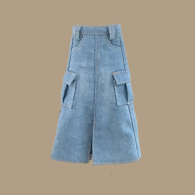 Handmade Blythe Doll Clothes – Off-Shoulder Sweater & Split Denim Long Skirt Mini Dress for 1/6 OB24 Dolls