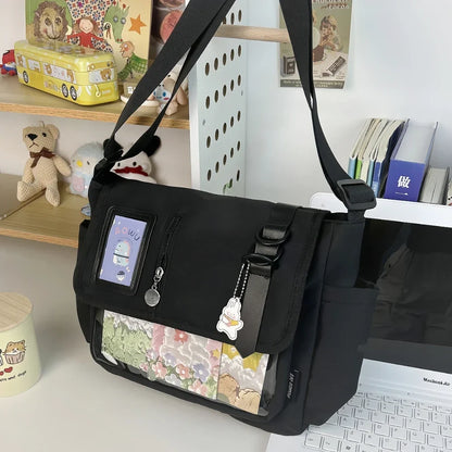 Y2K Japanese Harajuku School Bag — 2024 Transparent Itabag Crossbody for Teenage Girls with DIY Badge Display Plate