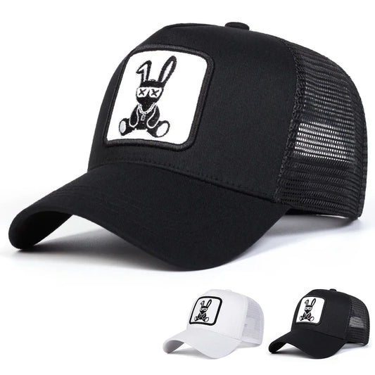 Cartoon Rabbit Embroidery Cap - Adjustable Mesh Baseball Hat with Sun Protection for Spring & Summer Outdoor Wear
