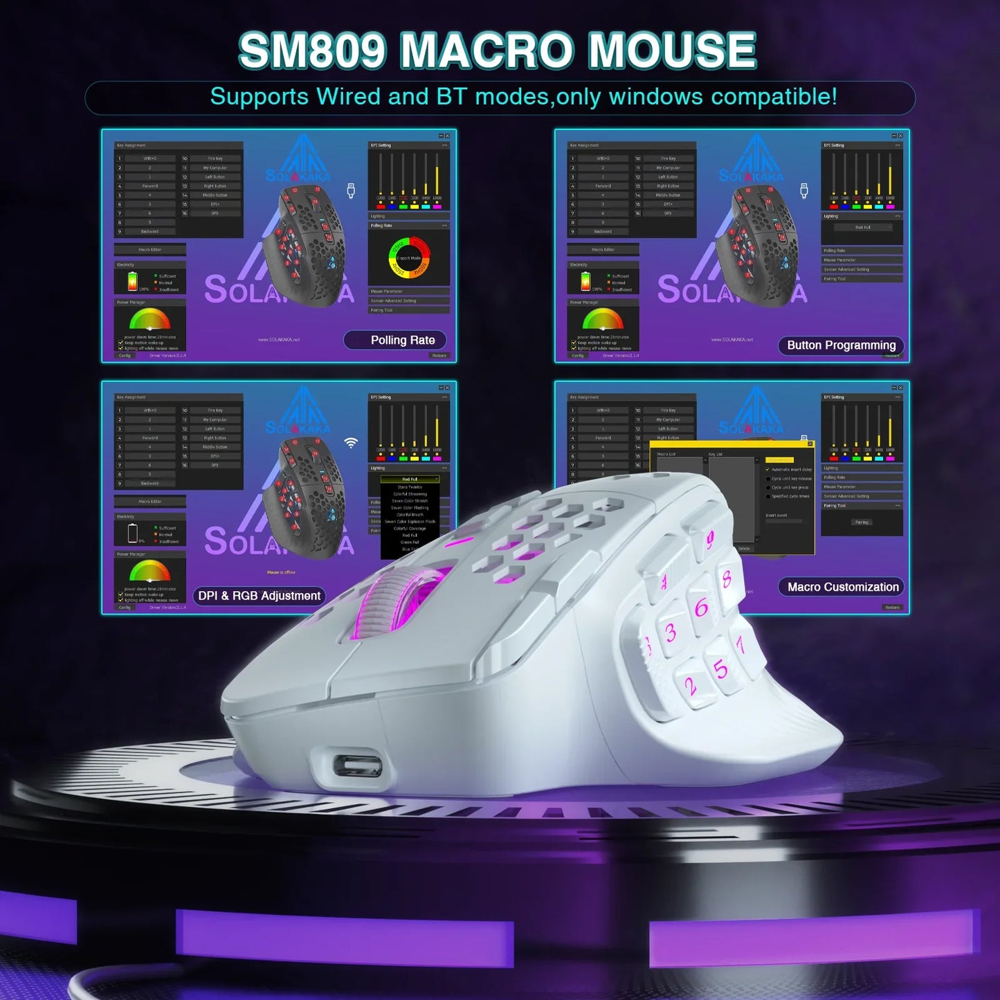 SOLAKAKA SM809 Pro MMO Gaming Mouse - 16-Button Wireless RGB Mouse with 24000 DPI & Programmable Macros