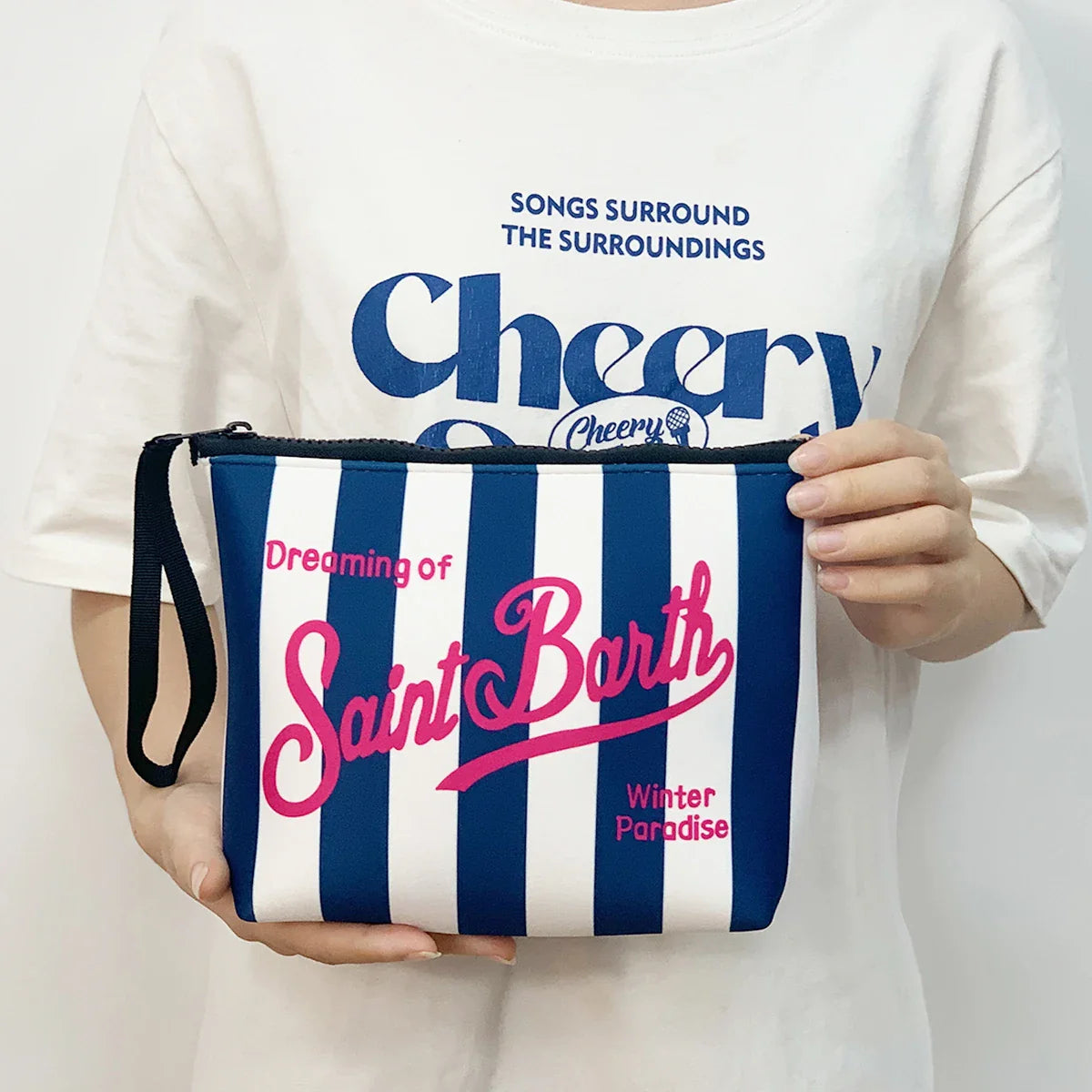 S-Saint B-Barth Striped Neoprene Zip-Up Clutch – Unisex Cosmetic & Toiletry Makeup Bag for Women