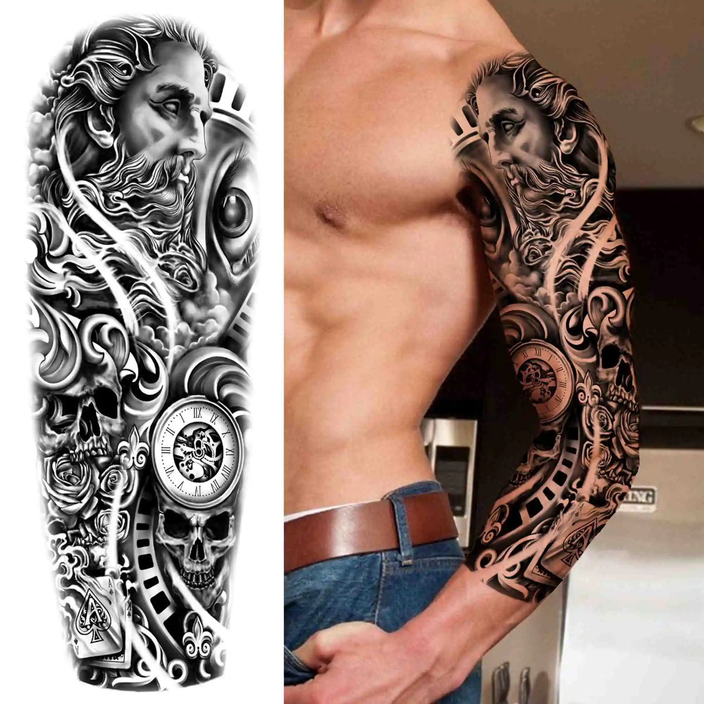 Full Arm Temporary Tattoo Sleeve - Realistic Warrior Lion Tiger Flower & Maori Design Fake Tattoos