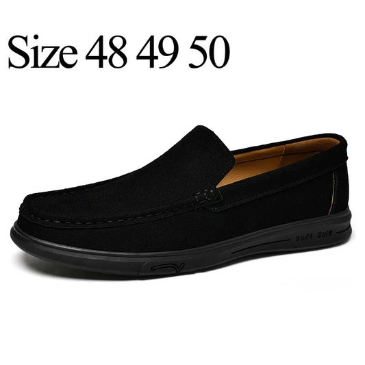 Men's Suede Leather Loafers - Black Slip-On Casual Driving & Business Shoes in Large Sizes