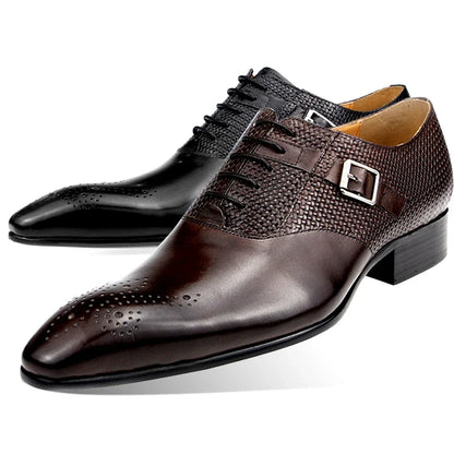 Men’s Genuine Leather Formal Shoes - Fashion Lace-Up Wedding Brogue Dress Shoes with Woven Design