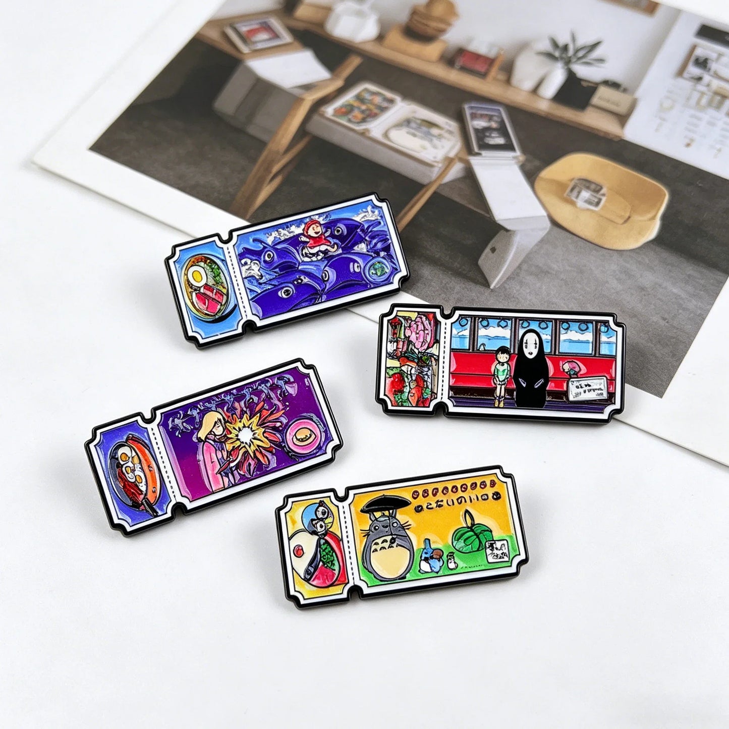 4-Piece Anime Movie Ticket Enamel Pins - Cute Cat Lapel Badges for Backpacks & Fans