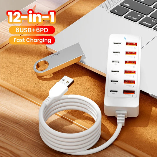 12-in-1 USB Charging Station - Fast Desktop Power Strip with USB Hub Adapter & 1M Cord for Home Office
