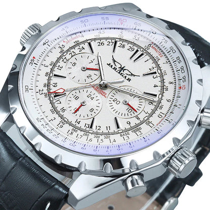 JARAGAR Pilot Mechanical Watch for Men – Multifunctional Small Dials, Leather & Steel Strap, Sports Military Automatic Watch
