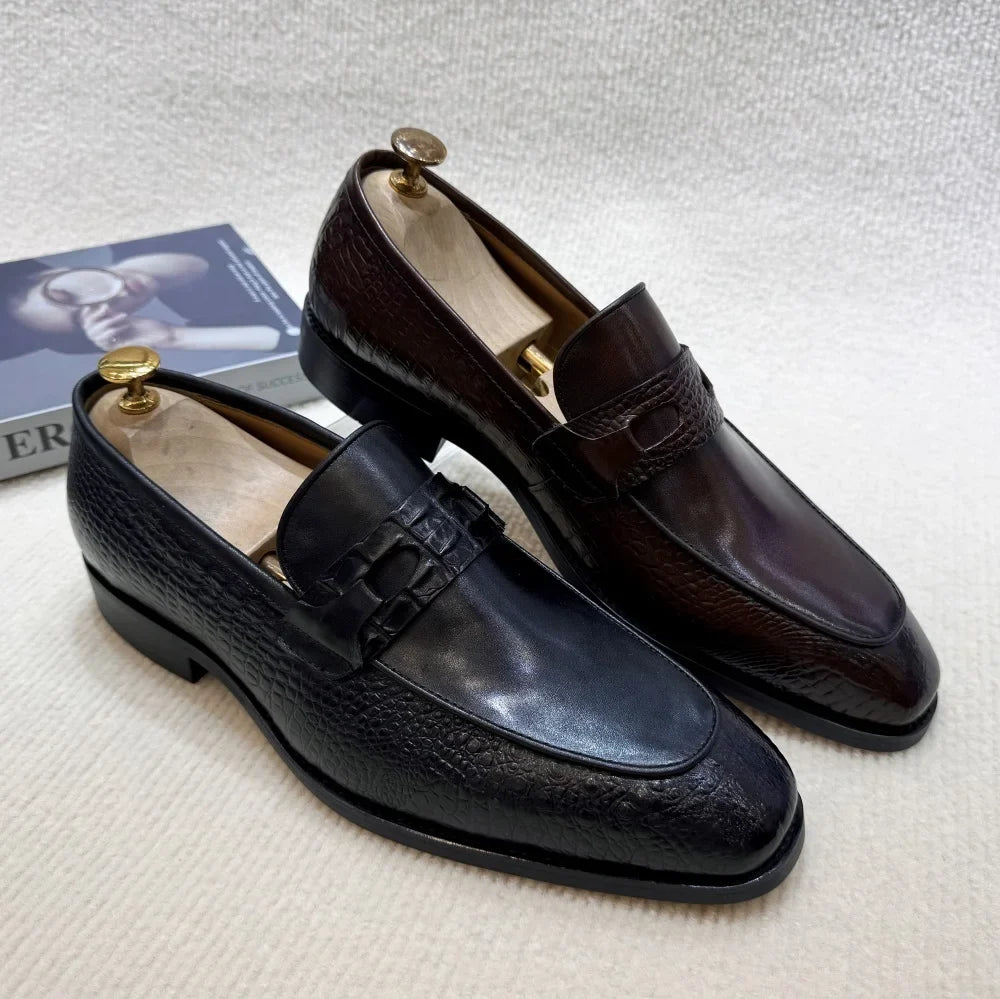 Luxury Men's Crocodile Print Leather Loafers - Double Buckle Business & Wedding Dress Shoes