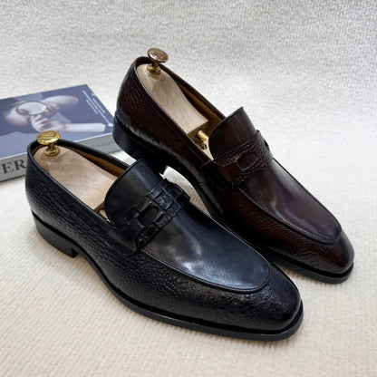 Luxury Men's Crocodile Print Leather Loafers - Double Buckle Business & Wedding Dress Shoes