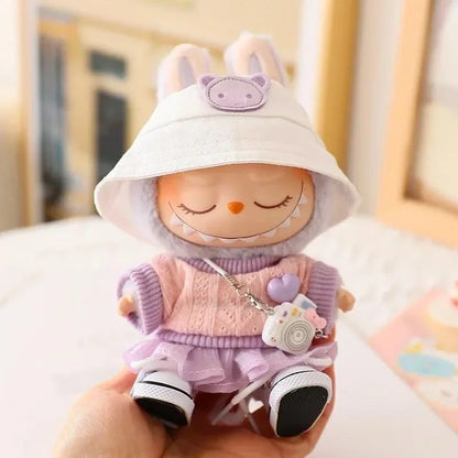 Mini Doll Clothes & Accessories — 15–17cm Labubu & 10cm Cotton Doll Outfit, Pink Hoodie & Yarn Skirt (No Doll)