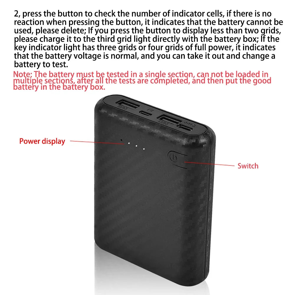 4x18650 Battery Charger Case - DIY Portable Power Bank Box with No-Solder Battery Assembly