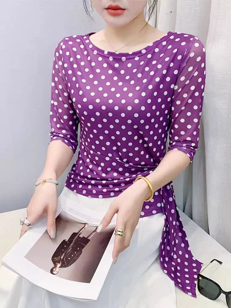 Women’s Polka Dot Mesh T-Shirt - Summer Half Sleeve Irregular Sweet Casual Top