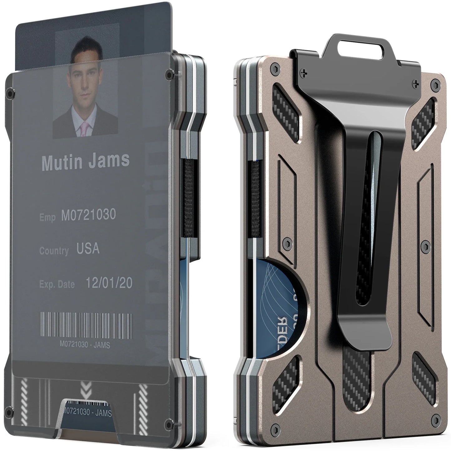 Slim Aluminum Minimalist Wallet for Men — RFID Blocking Money Clip with Clear ID Holder, Holds 15 Cards