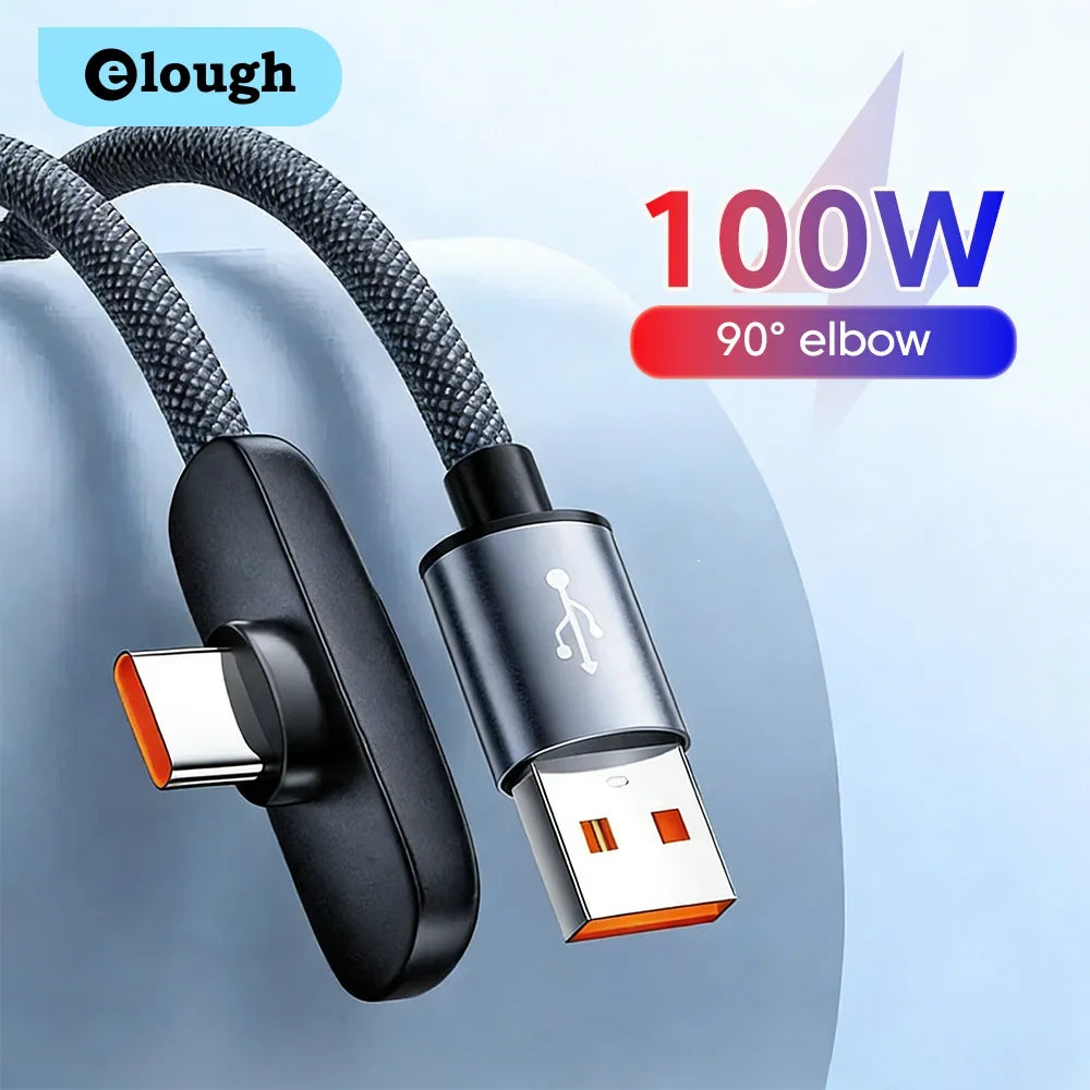 100W USB-C Fast Charging Cable - 90° Elbow PD Data & Gaming Cable for Samsung, Huawei, POCO & Realme