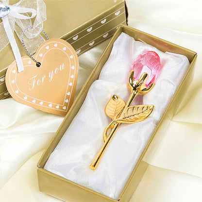 Valentine's Day Crystal Glass Rose with Silver or Gold Rod - Elegant Artificial Flower Gift for Girlfriend or Wedding Guests