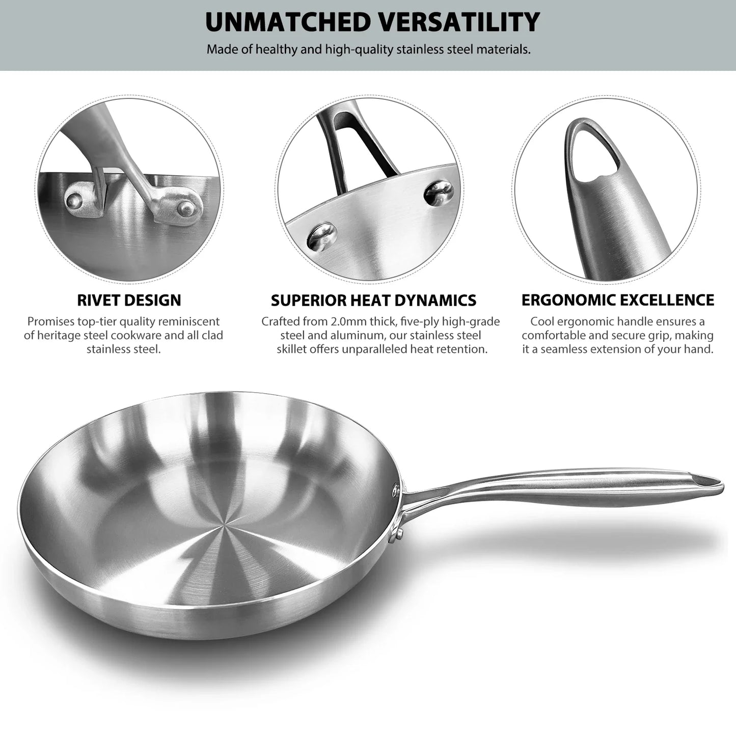 304 Stainless Steel Frying Pan – Non-Stick Skillet for Steak, Gas & Induction Cooking